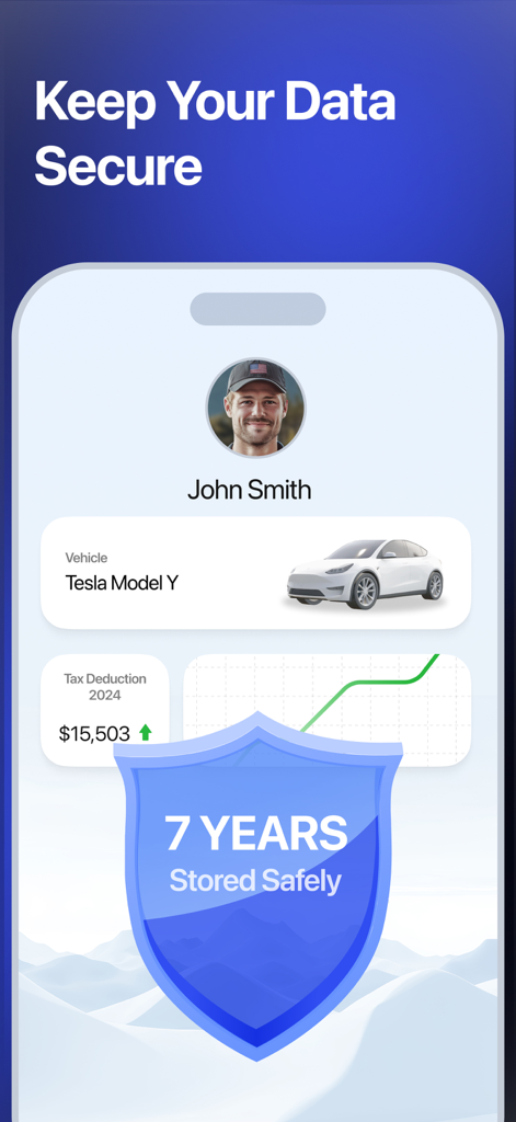 Écran de l'application MileKeeper montrant un bouclier de sécurité avec 7 ans de stockage de données sécurisé pour le suivi des déductions fiscales.