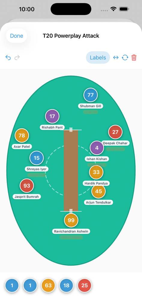 Cricket Fielding - Interfaz de la aplicación de fielding de cricket que muestra las posiciones de los jugadores para una estrategia de ataque de 'powerplay' T20.