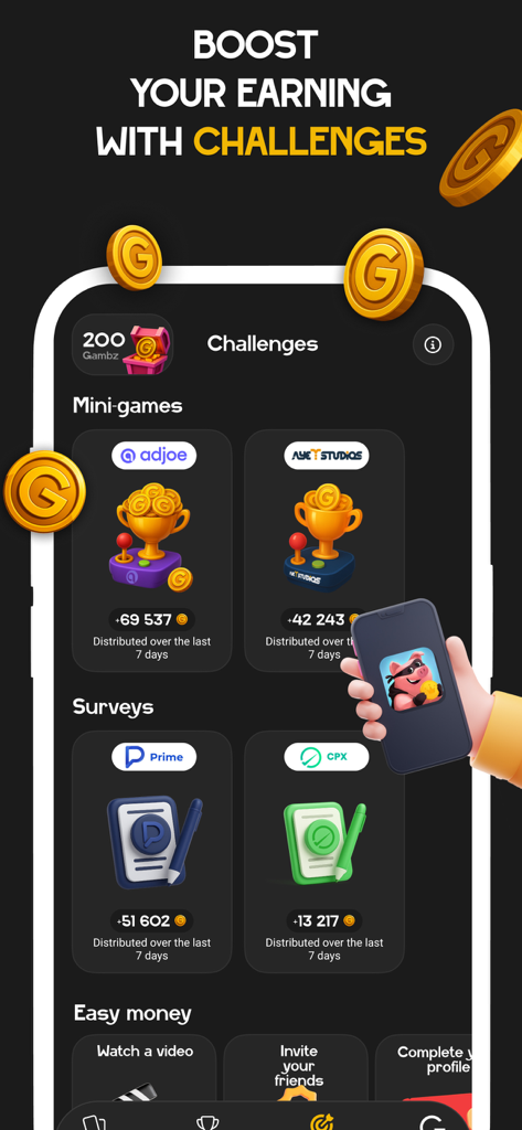 Interfaccia dell'app Gamby che mostra sfide, mini-giochi e sondaggi per aumentare i guadagni di valuta virtuale.