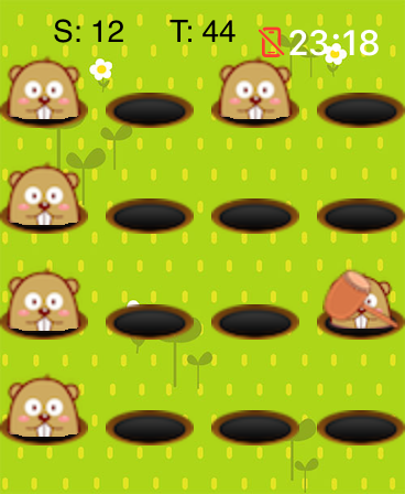 Watch Game Collection - Eine Whack a Mole-Spieloberfläche mit niedlichen Maulwürfen, die aus Löchern auf einem grünen Feld springen