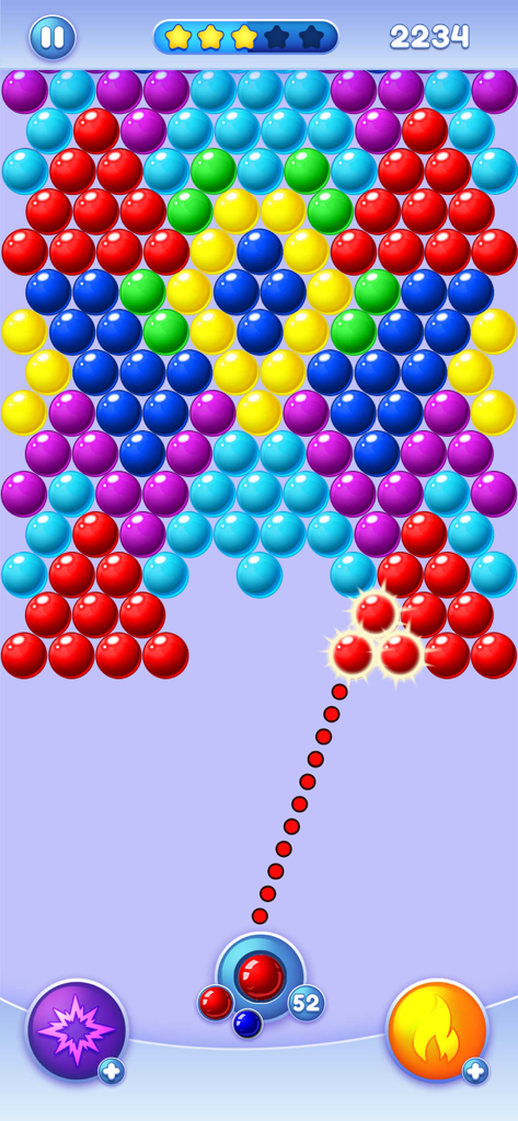 Bubble Pop - Shoot Bubbles - Gameplay classique de jeu de tir à bulles montrant des bulles colorées et une trajectoire de visée