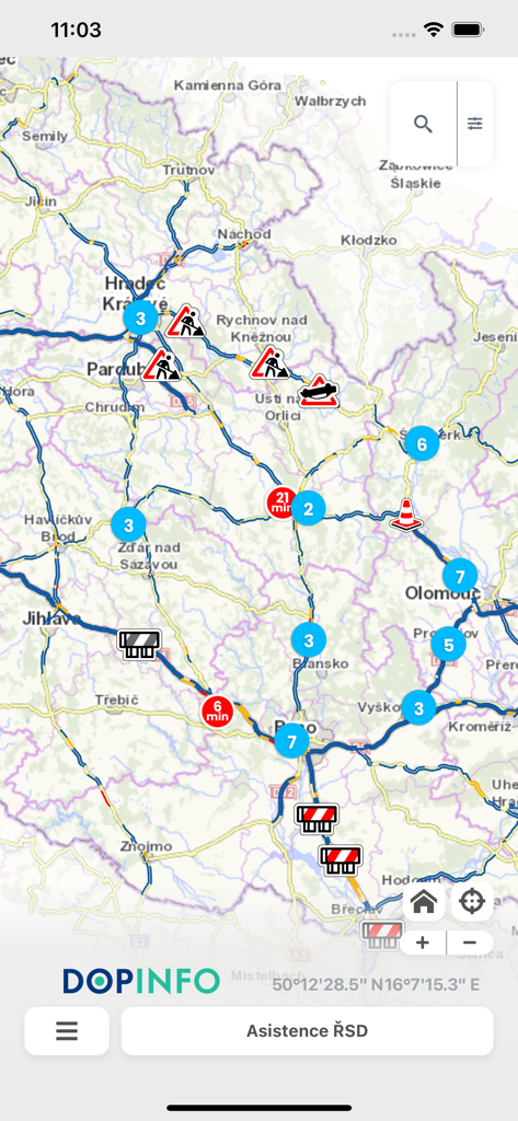 ŘSD dopravní informace - Mobile app interface of RSD traffic information showing real time road map of Czech Republic with traffic delay icons