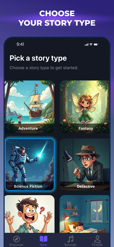TaleAI: Bedtime Stories - TaleAI app interface showing various story categories such as Adventure, Fantasy, Science Fiction, and Detective with colorful illustrations.