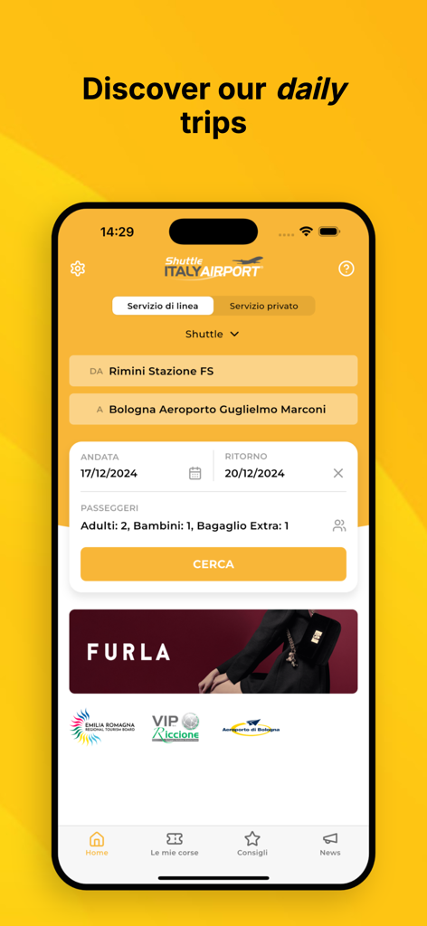 Startbildschirm der Shuttle Italy Airport mobilen App mit Optionen zur Buchung von Linien-Shuttles und privaten Fahrerdiensten vom Flughafen Rimini nach Bologna