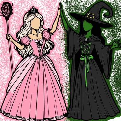 detailed realistic split of a princess and a witch
