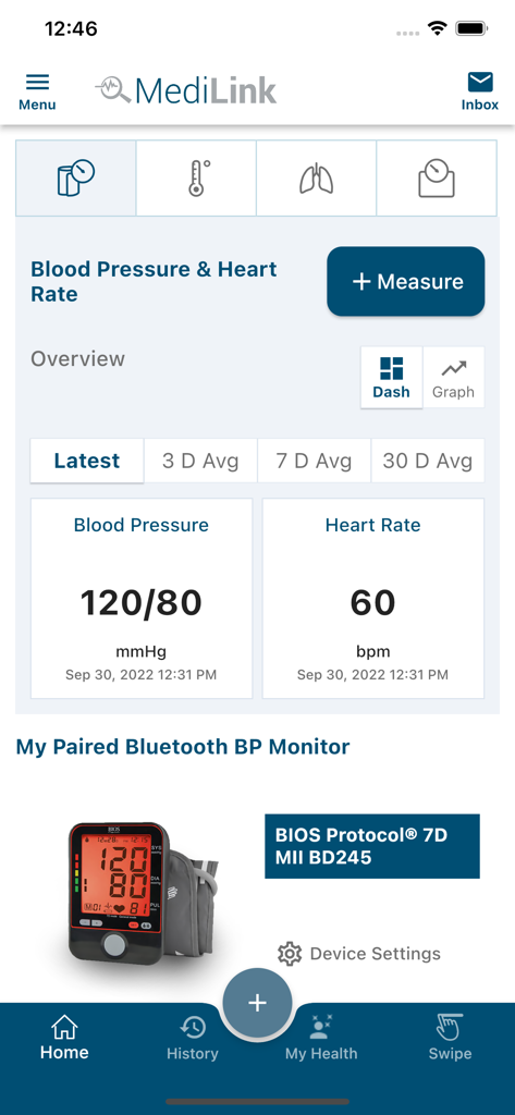 MediLink by BIOS - MediLink app dashboard showing latest blood pressure and heart rate readings with a paired BIOS Bluetooth monitor.