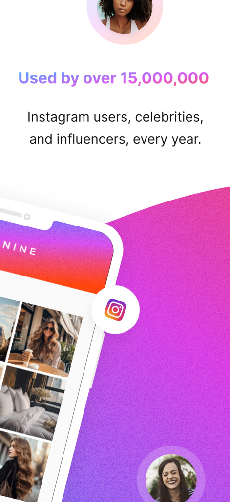 Top Nine for Instagram app promotional screen showing over 15 million users and a collage of top photos