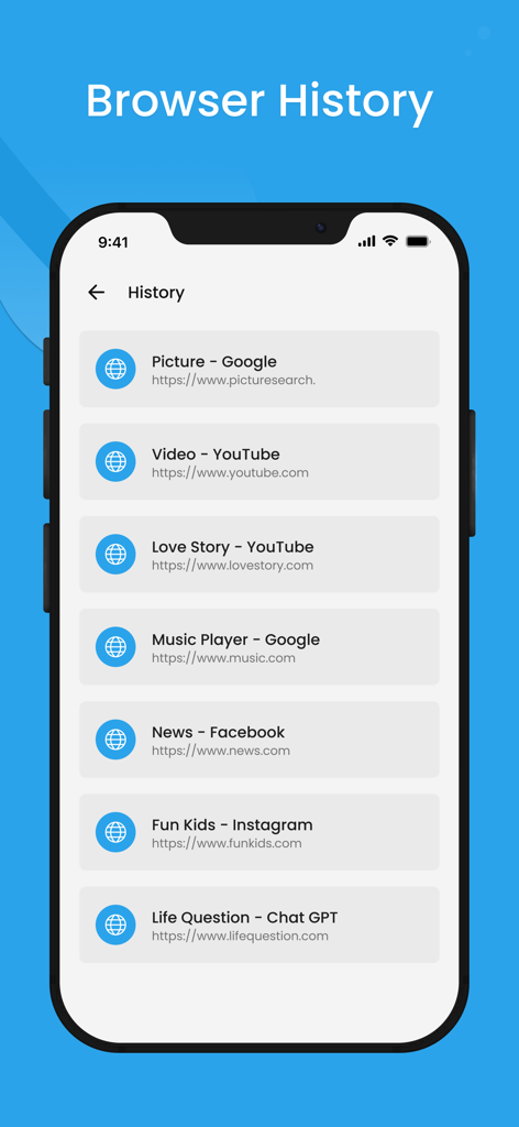 Internet Browser :Private,Safe - A mobile interface displaying the browser history page with a list of visited websites like Google, YouTube, and Facebook.