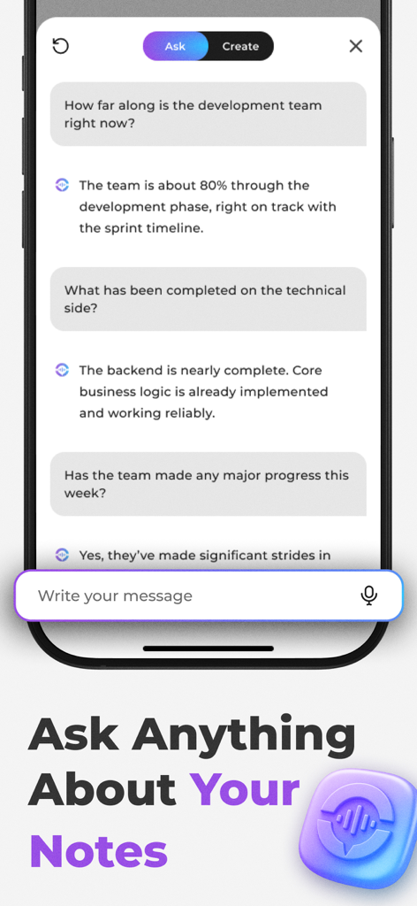 Noteum: AI Meeting Note Taker - Noteum app interface showing an AI assistant answering specific questions about meeting notes and project progress.