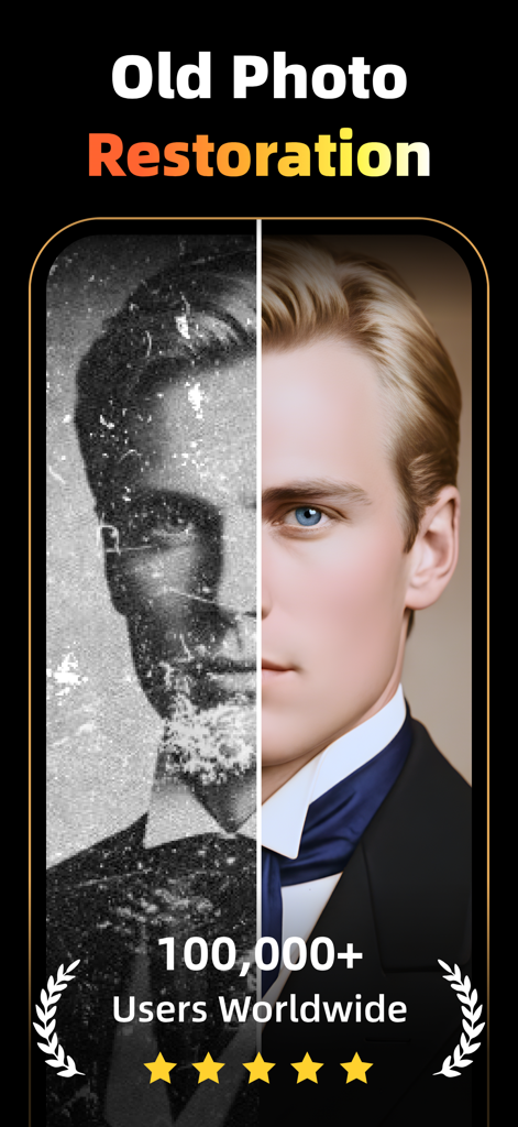 A before and after comparison of a damaged vintage portrait restored into a clear color image using PixFix