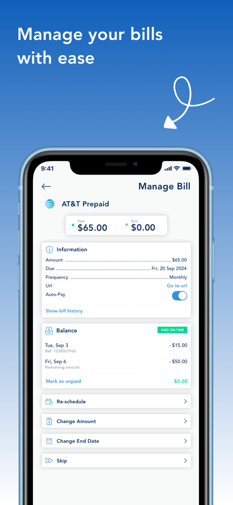 BillOut - Bill Tracker - A smartphone screen displaying the BillOut app's bill management interface for an AT&T prepaid monthly payment