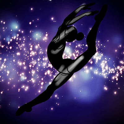 gymnast doing a leap in a leotard with a bent back leg