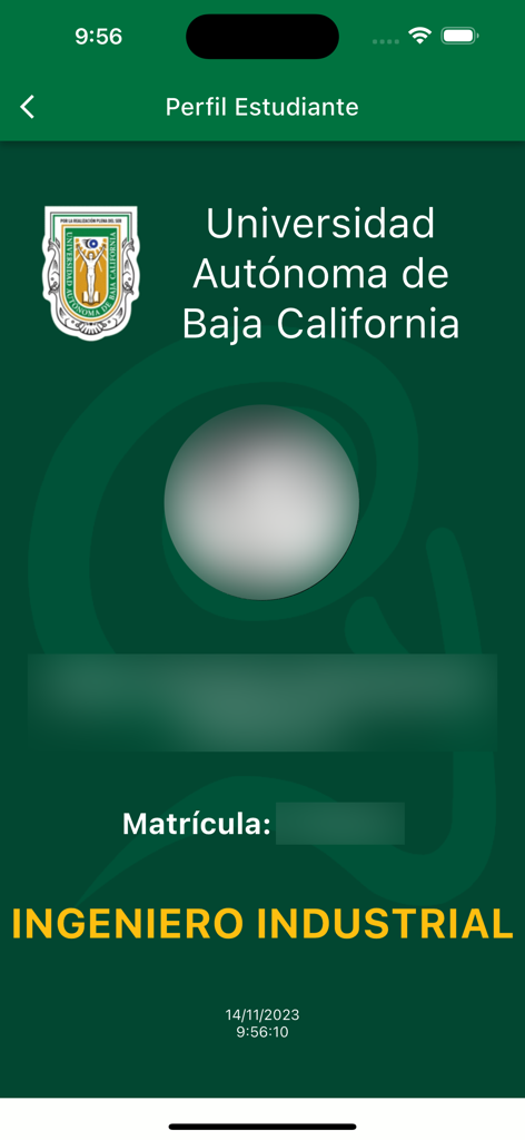 Estudiantes UABC - Digital student ID and profile screen for an Industrial Engineering student at UABC university