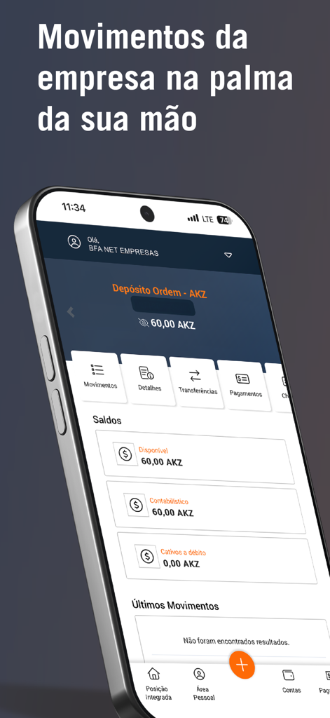 Interfaccia dell'app BFA Net Empresas che mostra i saldi dei conti aziendali e la cronologia delle transazioni