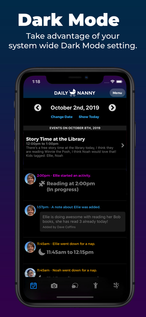 Daily Nanny - Daily Nanny app screenshot showing the dark mode theme with a daily activity log for childcare including reading and nap times.