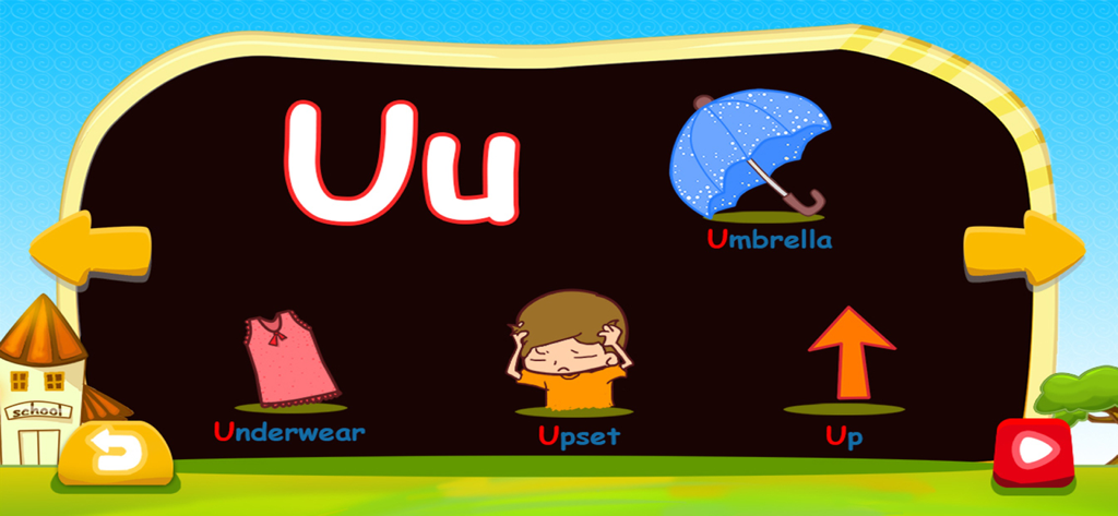 Phonics foundation - ABC Sound - Preschool phonics app screen teaching the letter U with words umbrella underwear upset and up