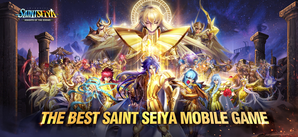 Promotional banner of Saint Seiya Awakening showing a group of Gold Saints in golden armor