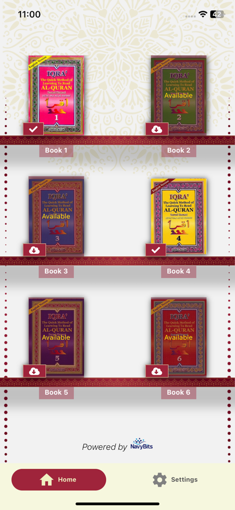 Digital library interface in the iQra Pro app featuring six volumes of the quick method of learning to read the Quran.