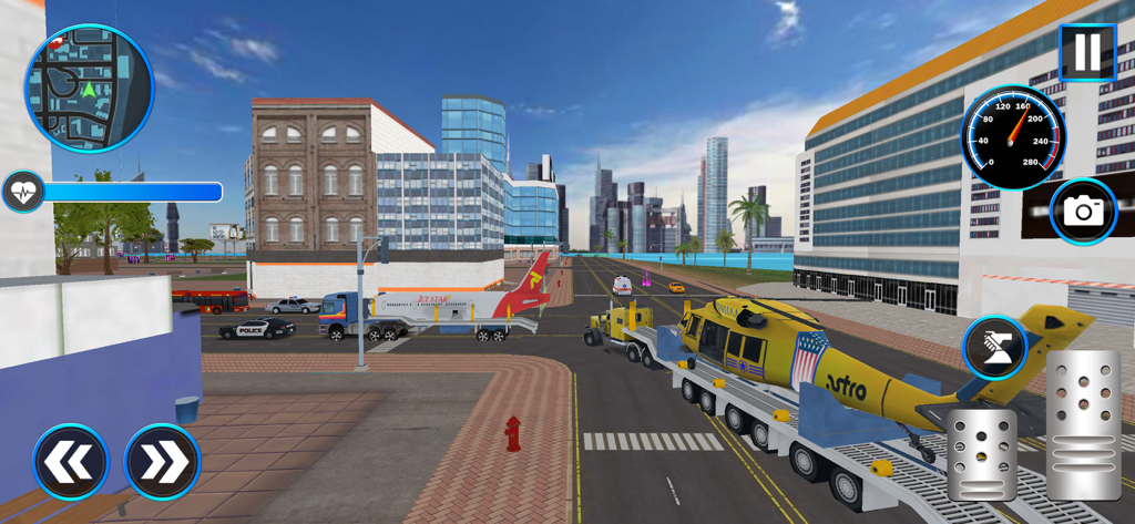 Cargo Plane Truck Transport - Un camión pesado transportando un gran helicóptero amarillo en un remolque por una ciudad en un juego de simulación de vehículos.