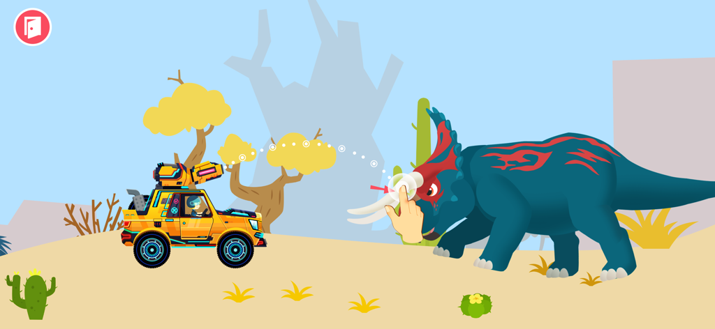 Dinosaur Guard Games for kids - Yellow rescue vehicle and blue dinosaur in a desert landscape