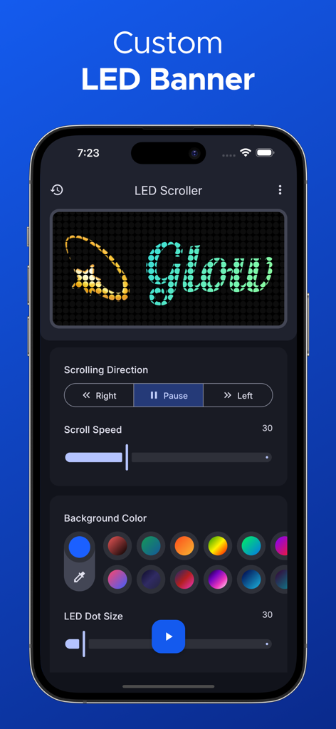 Interfaz de la aplicación LED Scroller mostrando la configuración de personalización para la velocidad, dirección y color de un banner digital.