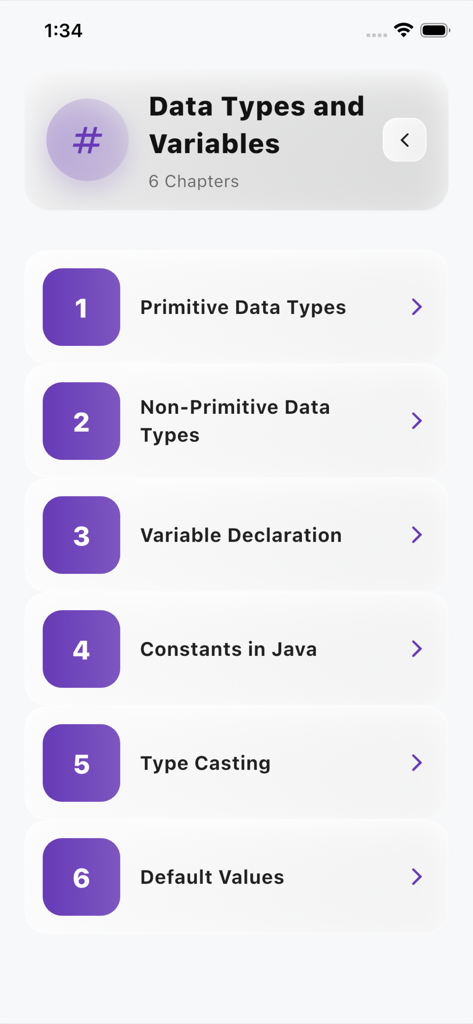 Java Basics Quiz Pro - A list of chapters for Data Types and Variables in the Java Basics Quiz Pro app