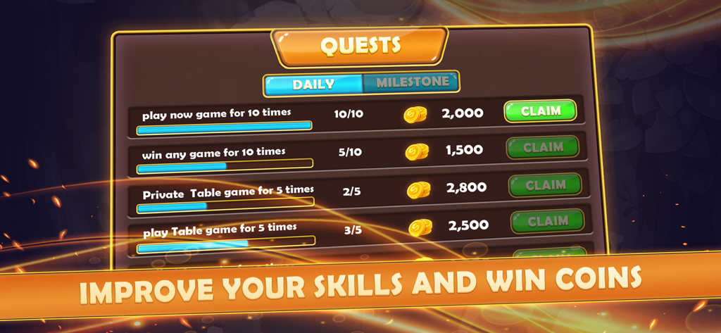 A menu screen in Bluff Multiplayer showing daily quests with progress bars and coin rewards.