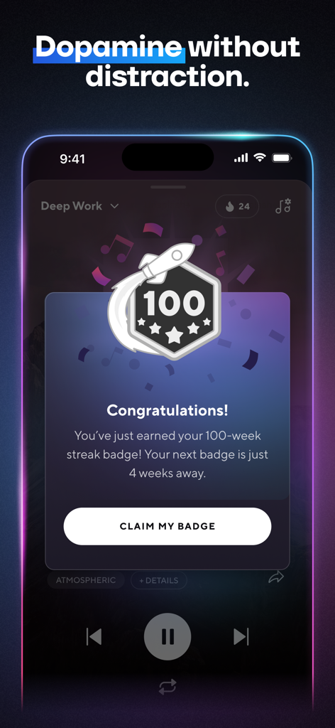 Brain.fm app screen showing a 100-week streak achievement badge for deep work productivity