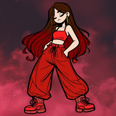 girl in baggy pants crop top and long hair