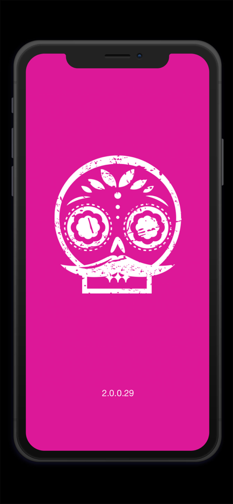 LACA LACA app splash screen featuring a white Mexican sugar skull logo on a pink background