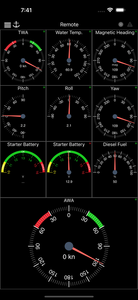WilhelmSK - Marine navigation dashboard displaying gauges for wind temperature heading and fuel levels