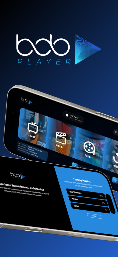 BOB PLAYER - Interface do aplicativo BOB PLAYER em dispositivos móveis exibindo opções de menu para TV ao vivo, filmes e séries com uma tela de carregamento de lista de reprodução