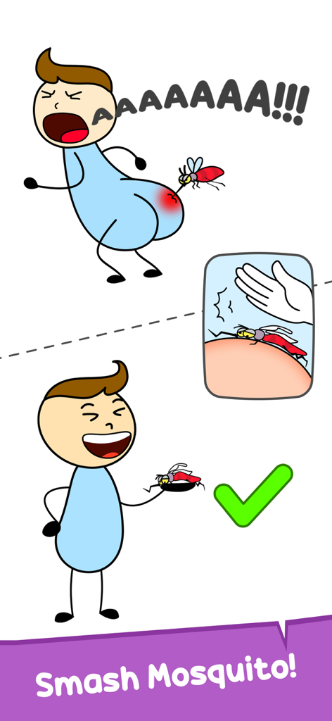 A cartoon man being bitten by a mosquito and then solving the puzzle by smashing it