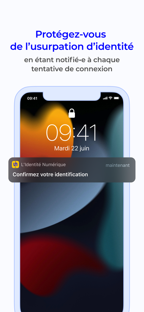 A smartphone lock screen showing a security notification from L'Identité Numérique La Poste to confirm identity and prevent identity theft.