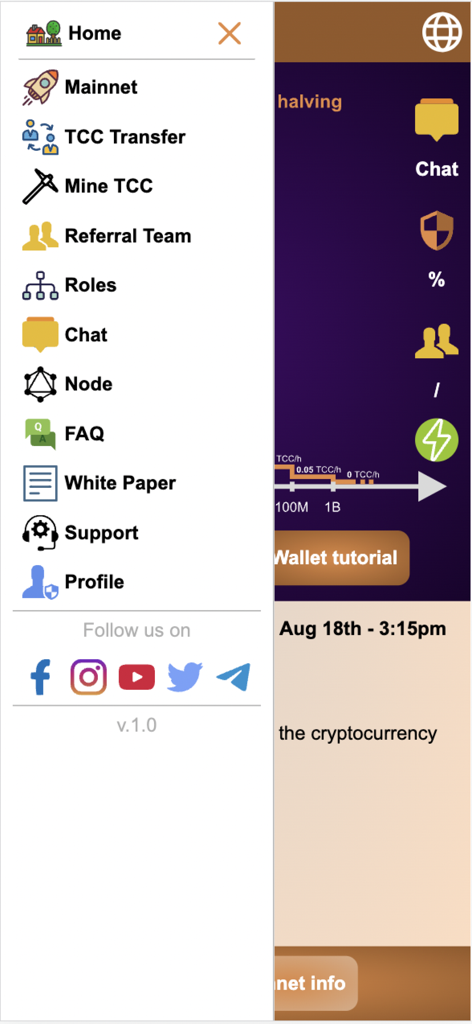 TCC - Side navigation menu of the TCC crypto app showing mining and transfer options.