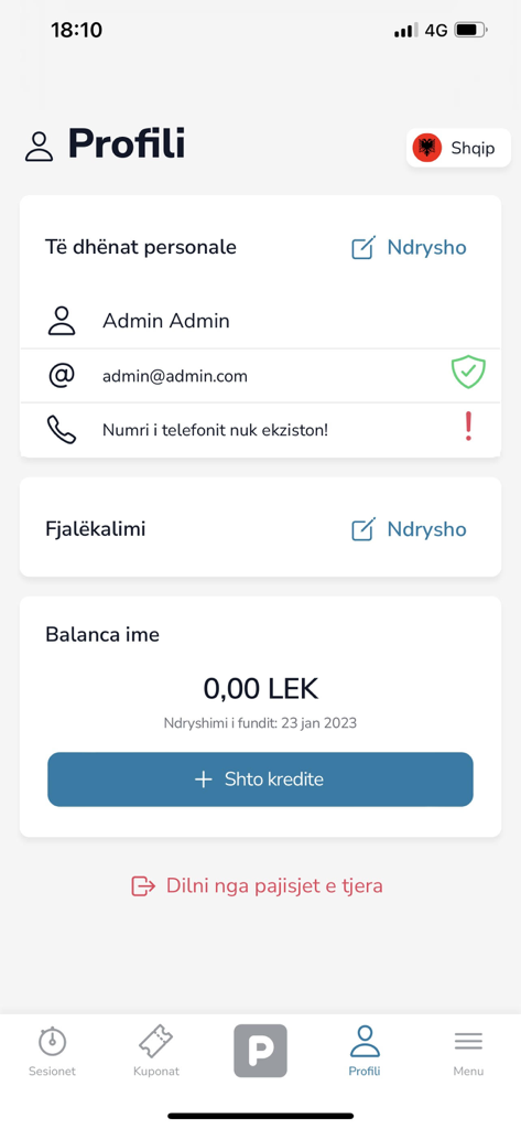 Tirana Parking - User profile screen of the Tirana Parking app showing account details and balance in Lek
