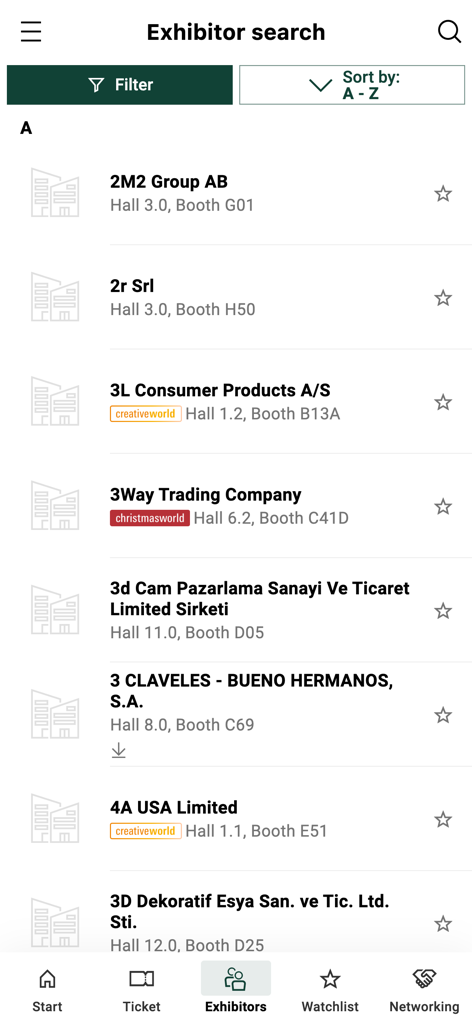 Ambiente Navigator - Ambiente Navigatorアプリの出展者検索インターフェース。見本市企業のリストとブースの場所が表示されます。