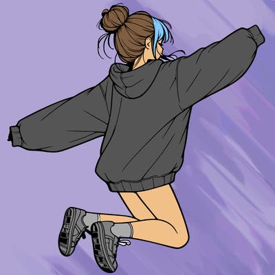 realistic girl jumping with a bun and oversized sweatshirt