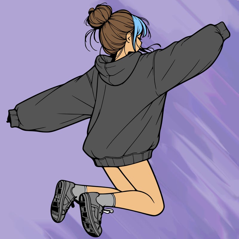 realistic girl jumping with a bun and oversized sweatshirt
