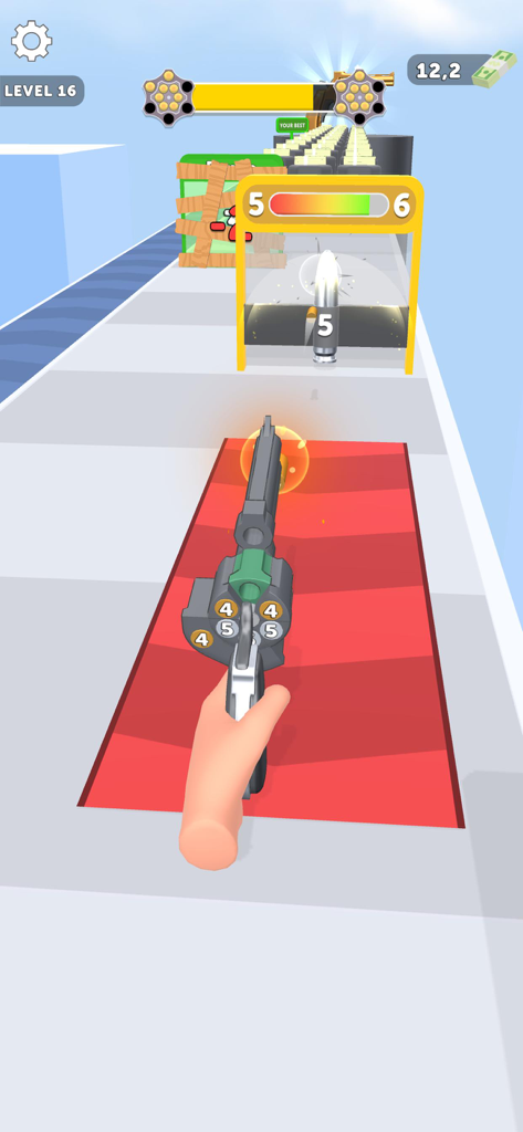 A hand holding a revolver shooting at a numbered gate on a running track in Revolver Rush.