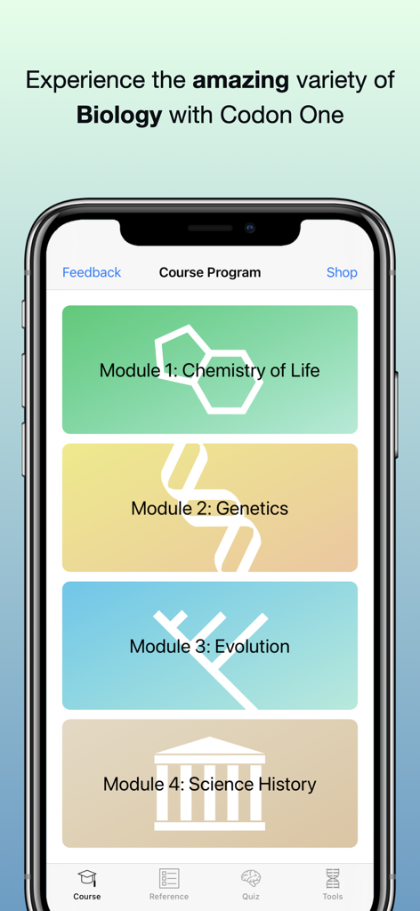 Codon One: Learning Biology - Codon One app interface displaying course modules for chemistry genetics evolution and science history