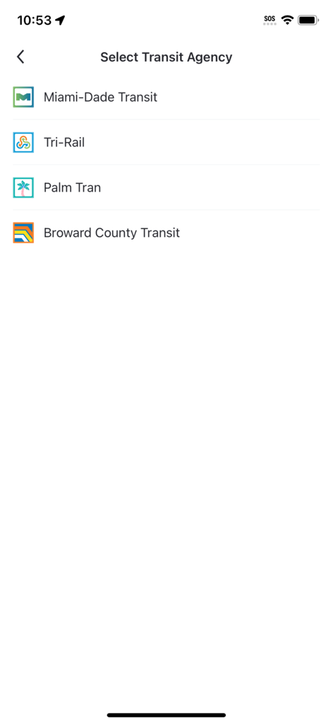 SoFloGO - SoFloGO mobile app screen showing options to select Miami-Dade Transit, Tri-Rail, Palm Tran, and Broward County Transit.
