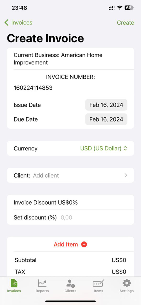 Invoice Pro Maker: PDF Billing - Interface for creating a new professional invoice with fields for business details and billing information.