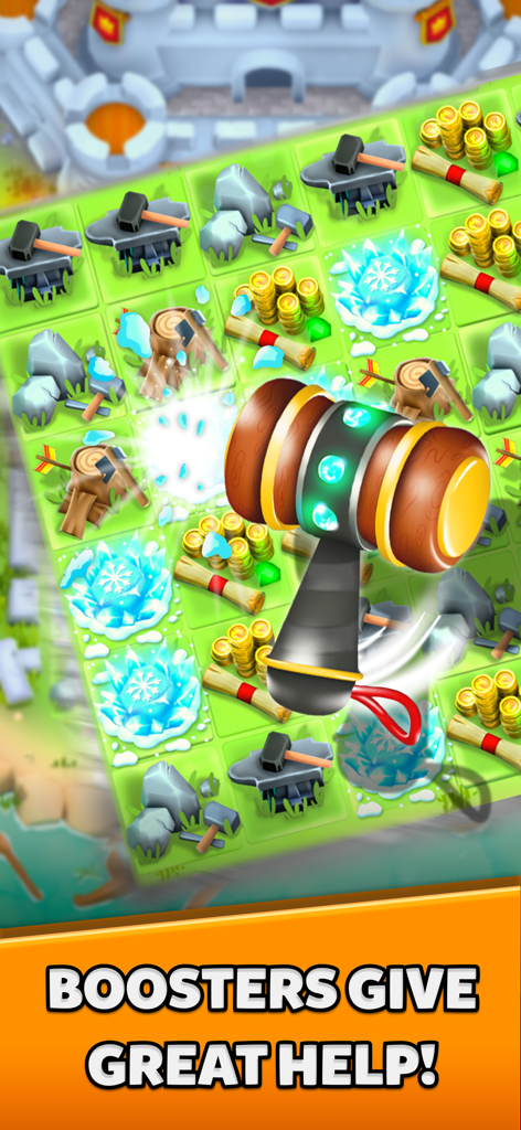 A gameplay screenshot of Match Lord Tower Defense showing a large hammer booster used on a grid filled with coins and towers