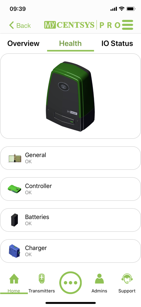 MyCentsys Pro - MyCentsys Pro app screen showing health diagnostics for a D5 SMART gate motor including battery and charger status