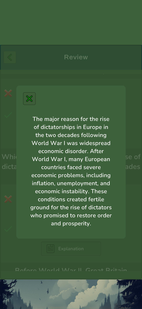 World War 2 Knowledge Quiz - Explication historique dans l'application Quiz de connaissances sur la Seconde Guerre mondiale concernant la montée des dictatures en Europe.