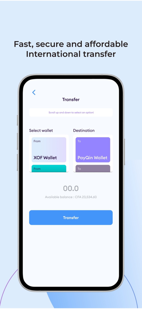 PayQin app interface showing international money transfer options between wallets