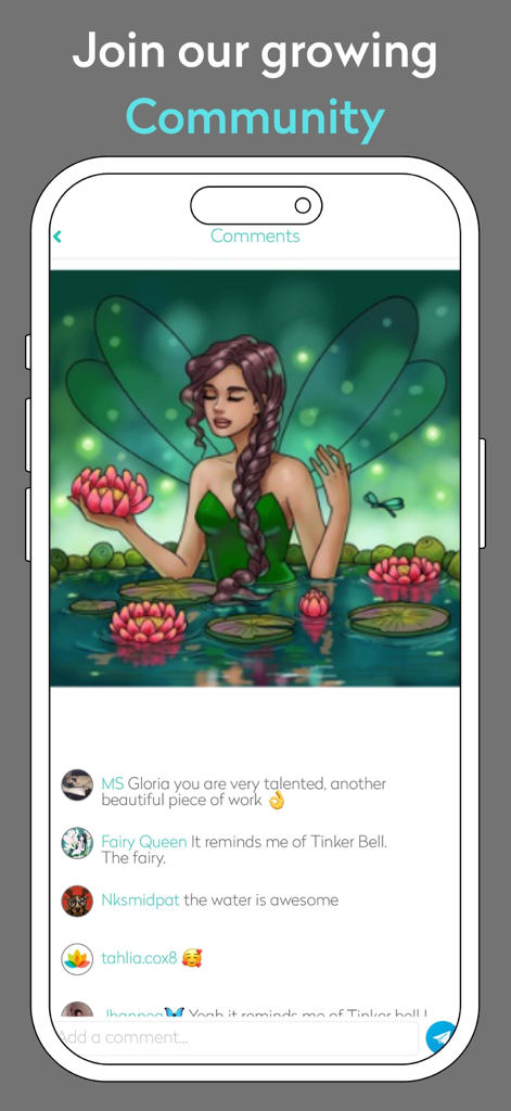 Captura de pantalla que muestra comentarios de usuarios y feedback social en una página de colorear digital dentro de la aplicación Chroma