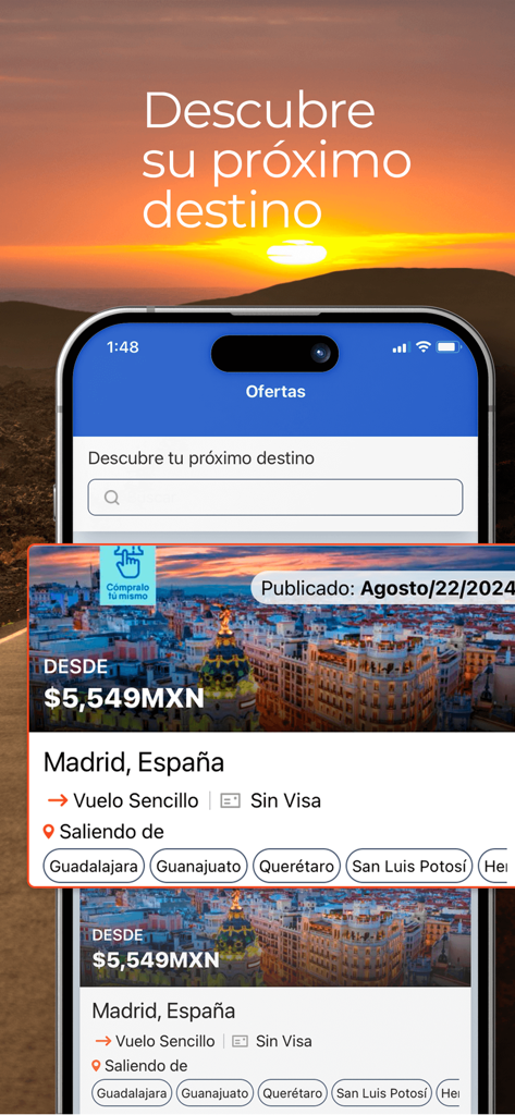 Interfaz de la aplicación Gurú de Viaje que muestra una oferta de vuelo seleccionada a Madrid, España, desde varias ciudades mexicanas.