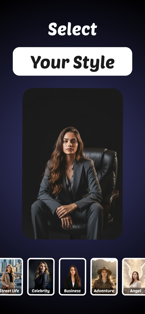 Professional AI Headshot PRTRX - Interfaz de la aplicación móvil PRTRX mostrando una selección de estilos de retratos profesionales con IA, incluyendo retratos de negocios y de celebridades